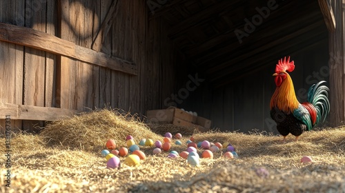 Obraz na płótnie Rooster in Barn with Colorful Easter Eggs in Golden Hay w salonie
