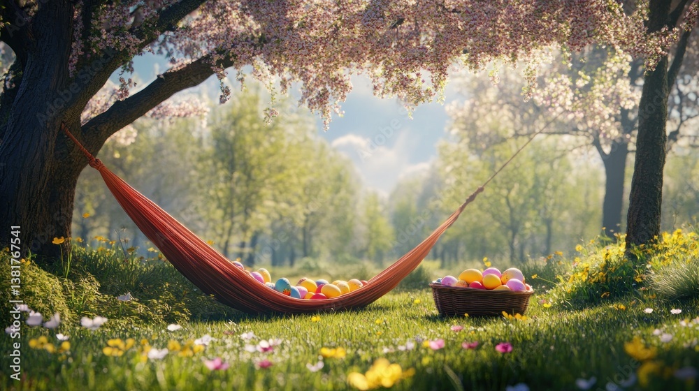 Hammock Filled with Colorful Eggs in Spring Meadow Landscape
