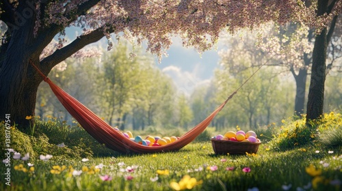 Hammock Filled with Colorful Eggs in Spring Meadow Landscape