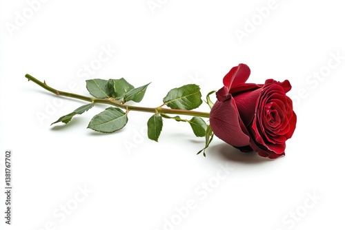 Elegant single red rose with a long stem isolated on white background. AI generated illustration.