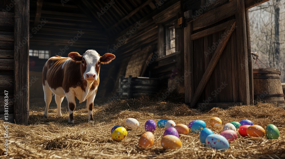 Cow Standing Near Colorful Easter Eggs Inside Rustic Barn