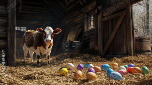 Obraz na płótnie Cow Standing Near Colorful Easter Eggs Inside Rustic Barn w salonie