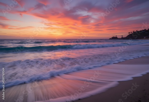 Crimson-streaked skies over tranquil waves meeting sandy shore at dusk.