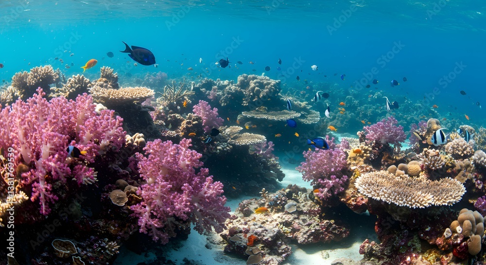Fototapeta premium Vibrant coral reef ecosystem teeming with diverse marine life in clear turquoise ocean water.