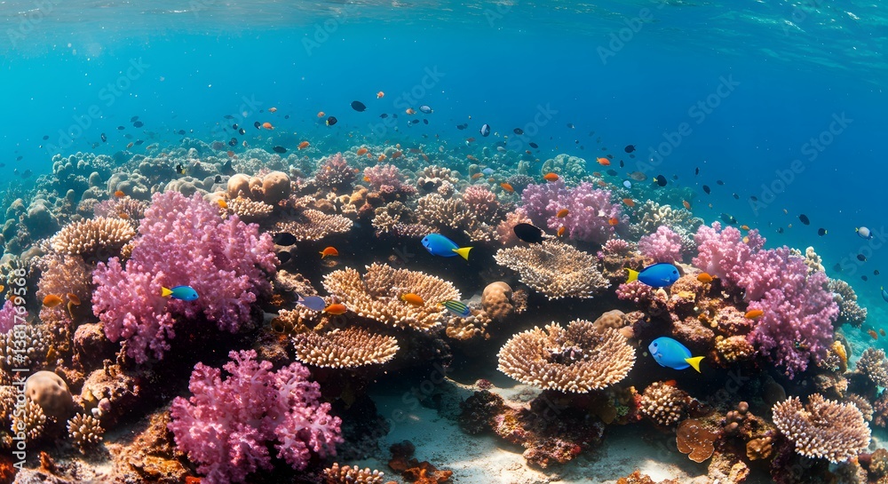 Fototapeta premium Vibrant Coral Reef: Azure Waters, Pink Soft Coral, and Schools of Blue Tangs.