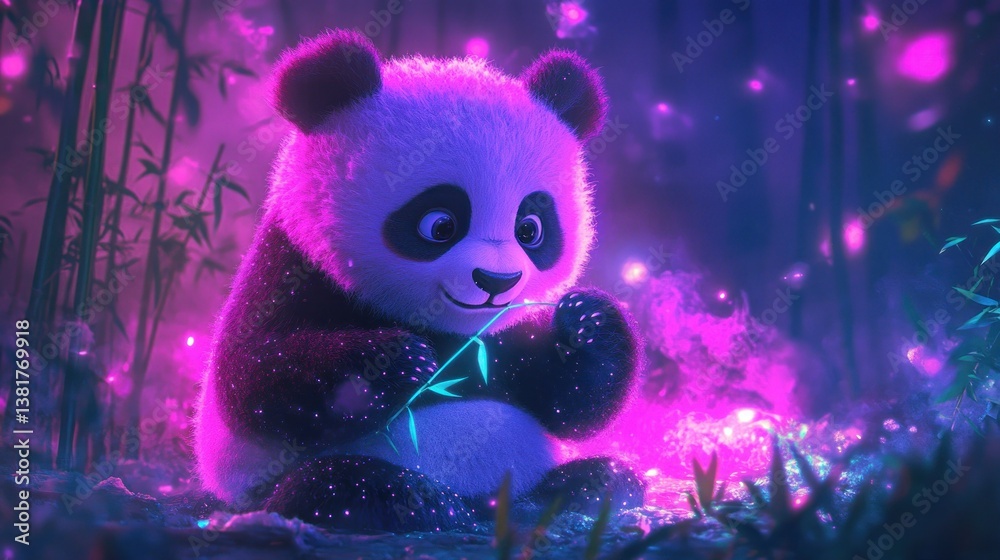 Cute Panda Sitting Holding a Bamboo Shoot in Dreamy Forest