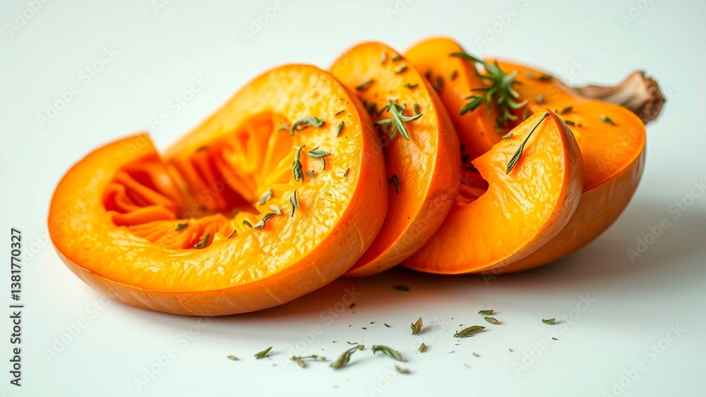 Slices of vibrant orange squash adorned with fresh herbs, perfect for healthy recipes or seasonal decorations. Fall harvest bounty. Slices of vibrant orange squash adorned with fresh herbs, perfect for healthy recipes or seasonal decorations. Fall harvest bounty.