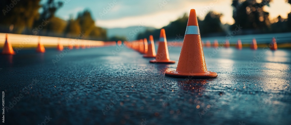 Dynamic driving course setup with traffic cones for safe driver training on track, perfect for learning and practicing maneuvering skills