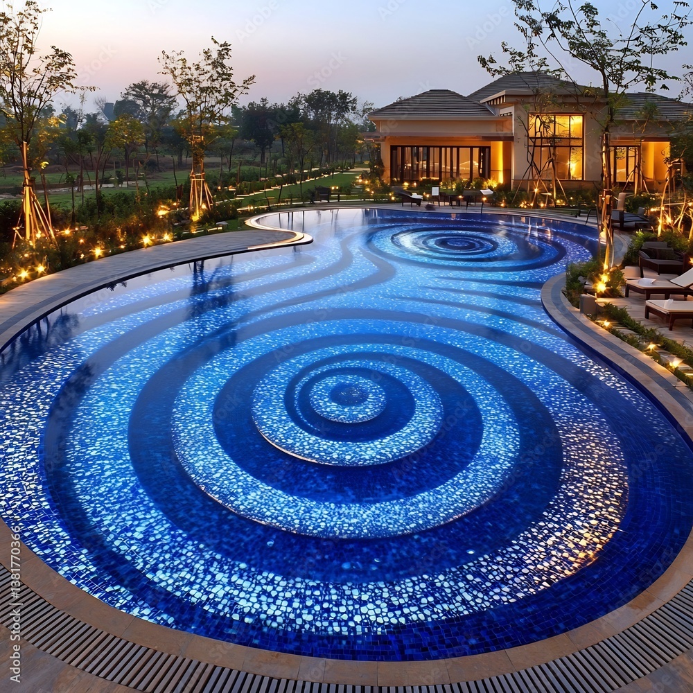 Naklejka premium Visually captivating optical depth vortex swimming pool where water appears swirl spiral infinite vortex creating surreal mesmerizing effect illusion enhanced clever lighting modern architectural