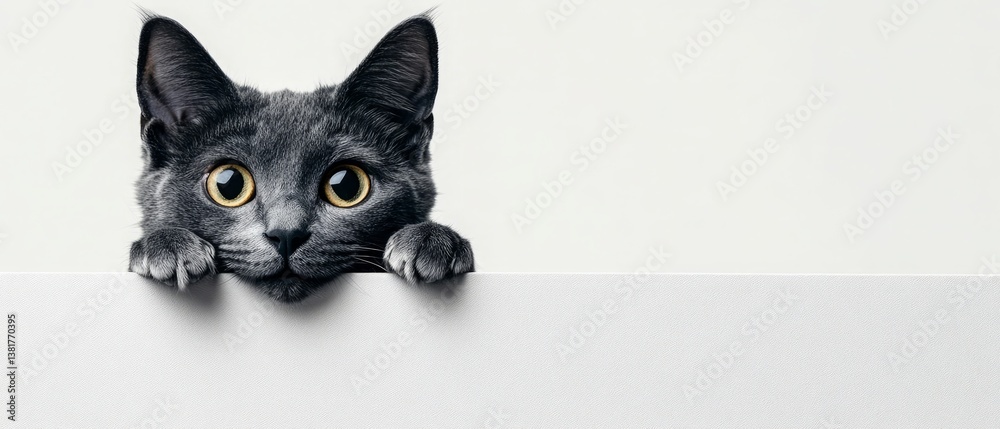 Curious gray cat peeking over a white surface.