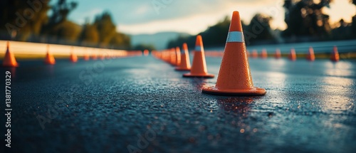 Obraz na płótnie Dynamic driving course setup with traffic cones for safe driver training on track, perfect for learning and practicing maneuvering skills w salonie