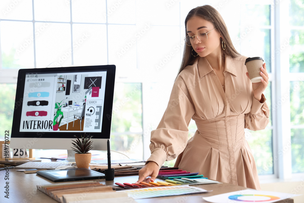 Female interior designer with cup of coffee working at table in office