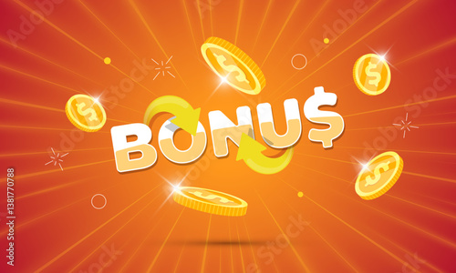 3D bonus cashback inscription with golden coin and arrow. Vector illustration of digital money reward, refund or promo win. Ideal for banking, finance, casino, shopping or marketing poster design.