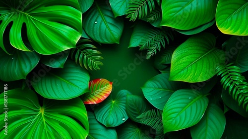 Lush greenery abounds, leaves of various shapes and sizes converging to create a vibrant botanical display of freshness and vitality.