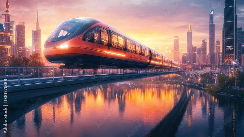 Modern Train Traveling Through Cityscape at Sunset with Water Reflection