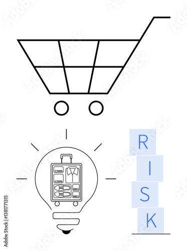 Minimalist shopping cart, lightbulb with travel luggage, stacked RISK blocks. Ideal for decision-making, business strategy, travel planning, innovation, risk management, creative ideas abstract line