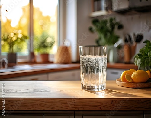 un vaso con agua cristalina y fresca en el mesón de una cocina luminosa y acogedora