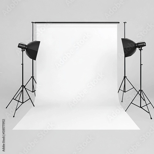 Professional studio setup with lighting equipment and white backdrop for photography