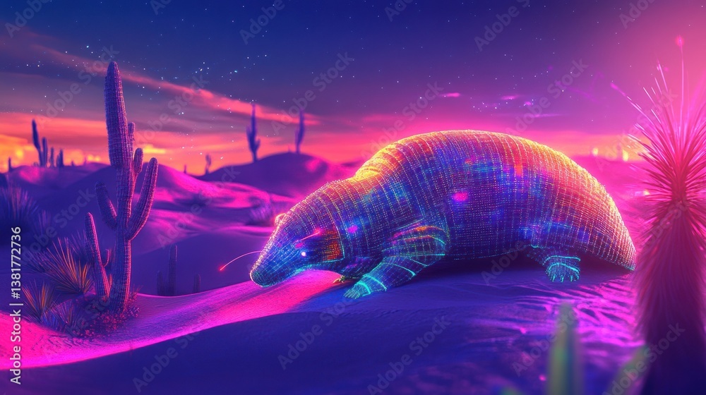 Glow Armadillo Walking Desert at Dusk with Cacti and Stars