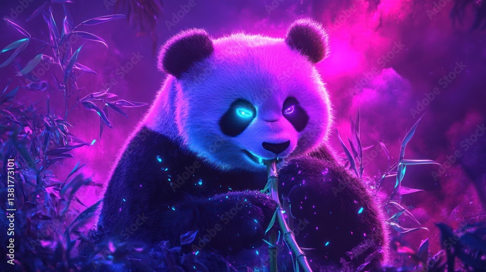 Panda Eating Bamboo in a Purple and Blue Glowing Forest