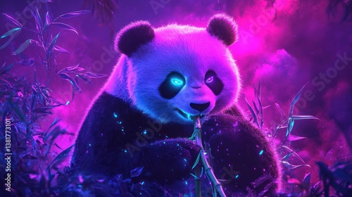 Obraz na płótnie Panda Eating Bamboo in a Purple and Blue Glowing Forest w salonie