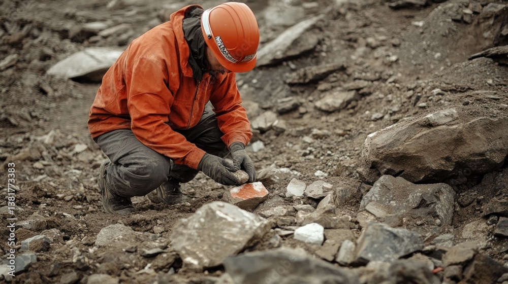 Examining Geological Specimen Worker Inspecting Rock Formation Quarry