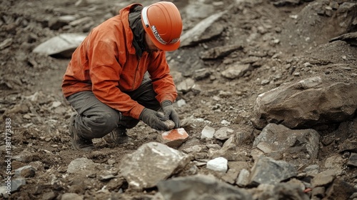 Obraz na płótnie Examining Geological Specimen Worker Inspecting Rock Formation Quarry w salonie