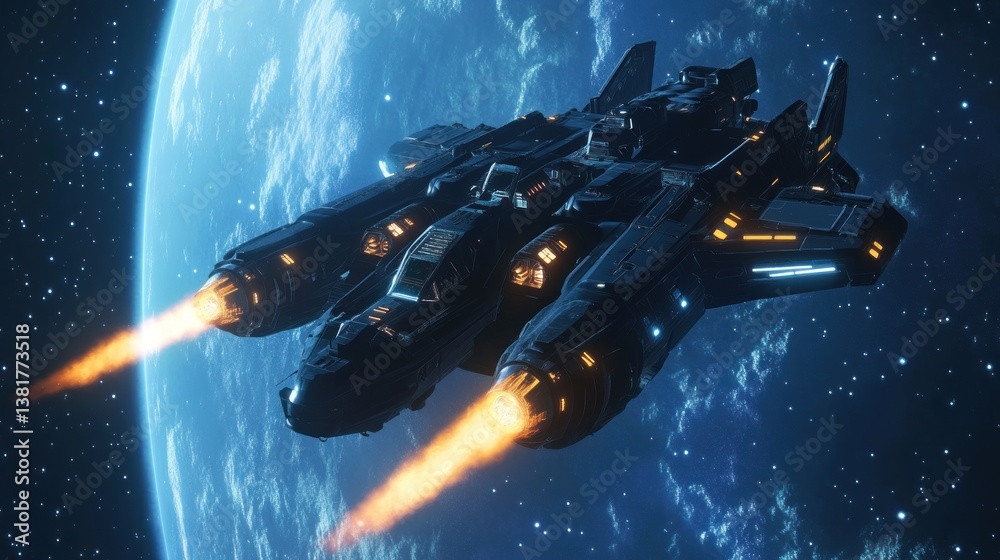 Spaceship Flying in Space with Planet and Starry Sky Backdrop