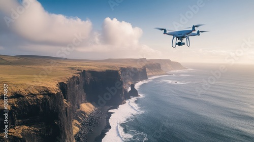 Flying Drone Over Coastal Cliffs Capturing Stunning Ocean Scenery Aerial Shot