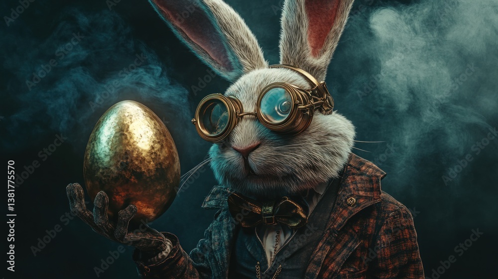 Steampunk Rabbit Holding Golden Egg in Atmospheric Dark Setting