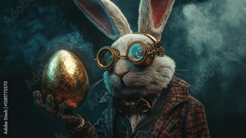 Obraz na płótnie Steampunk Rabbit Holding Golden Egg in Atmospheric Dark Setting w salonie