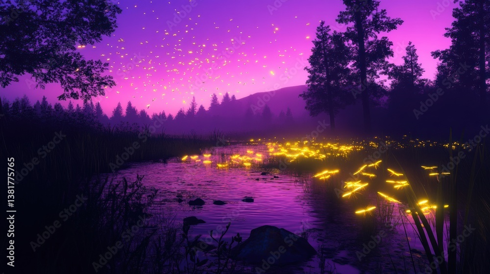 River Flowing Through Forest at Night with Glowing Lights and Sky