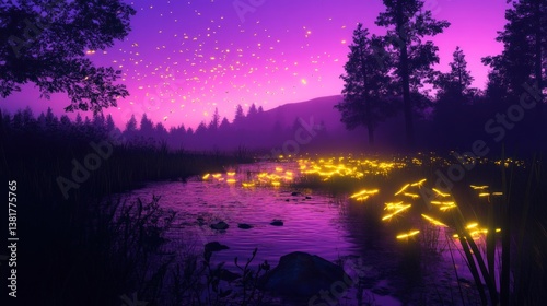 Obraz na płótnie River Flowing Through Forest at Night with Glowing Lights and Sky w salonie