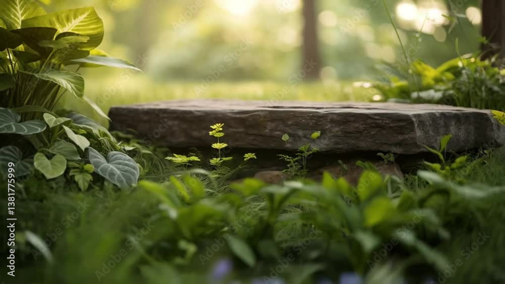 Stone slab in a lush green garden with vibrant foliage and soft sunlight filtering through the trees Stone slab in a lush green garden with vibrant foliage and soft sunlight filtering through the trees