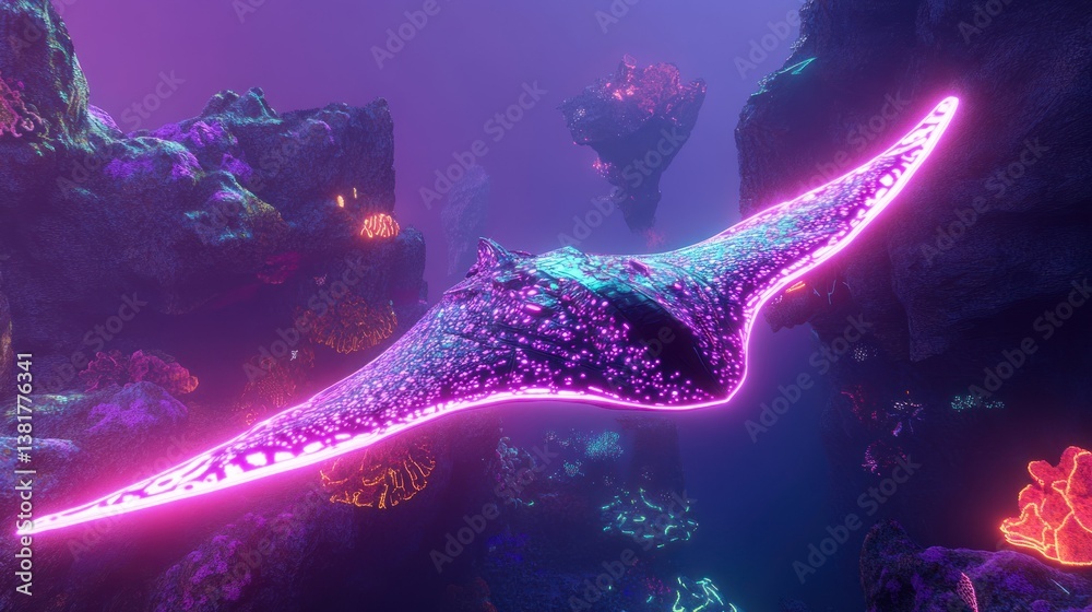 Underwater World with Glowing Stingray Exploring Coral Reefs and Rocks