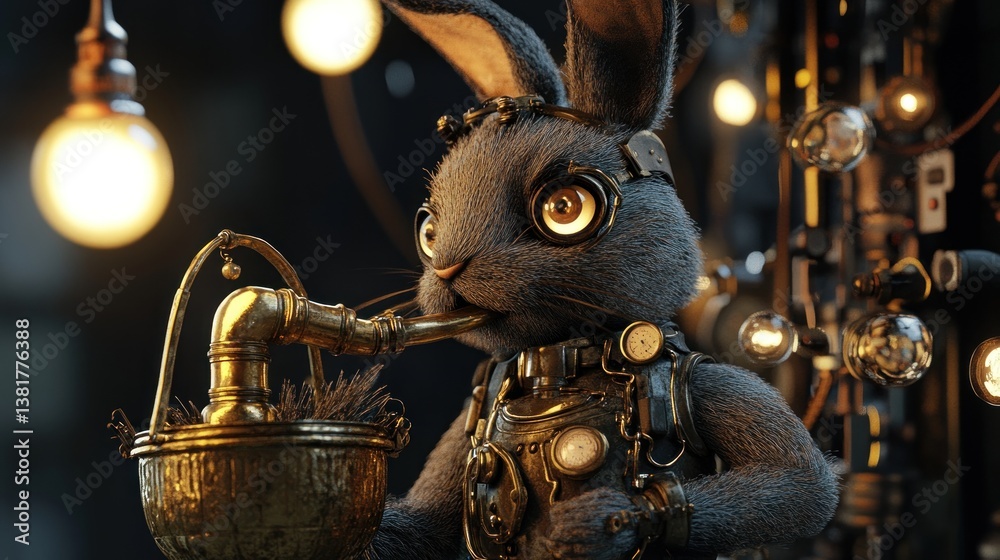Steampunk Rabbit with Goggles Smoking From Intricate Pipe Contraption