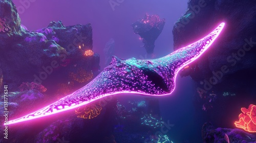 Obraz na płótnie Underwater World with Glowing Stingray Exploring Coral Reefs and Rocks w salonie