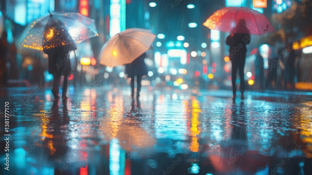 People with Umbrellas Walk in Rainy City Street at Night
