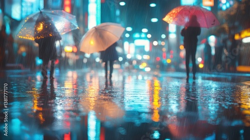 Obraz na płótnie People with Umbrellas Walk in Rainy City Street at Night w salonie