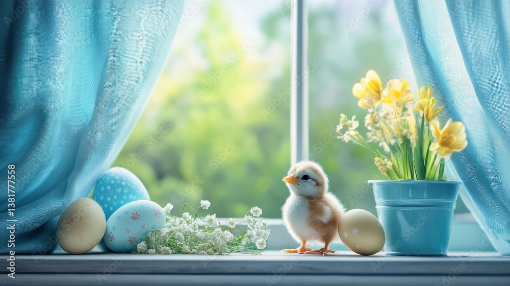 Cute Chick with Painted Eggs on Windowsill with Spring View