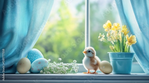 Obraz na płótnie Cute Chick with Painted Eggs on Windowsill with Spring View w salonie