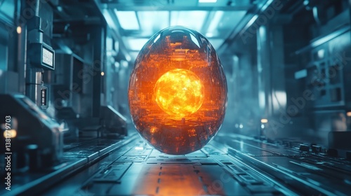 Glowing Sphere Enclosed in Futuristic Structure with Energy Core