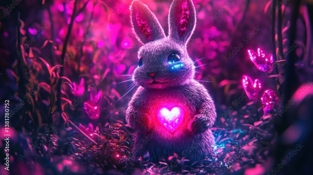 Adorable Rabbit Holding Glowing Heart in Dreamy Pink Forest Scene