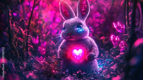Obraz na płótnie Adorable Rabbit Holding Glowing Heart in Dreamy Pink Forest Scene w salonie