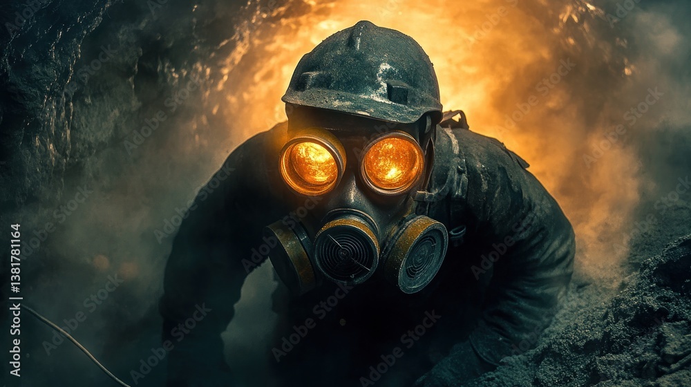 Person Wearing Gas Mask and Hard Hat in a Dark Tunnel