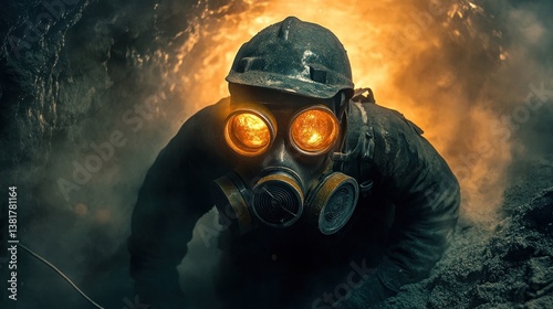 Obraz na płótnie Person Wearing Gas Mask and Hard Hat in a Dark Tunnel w salonie