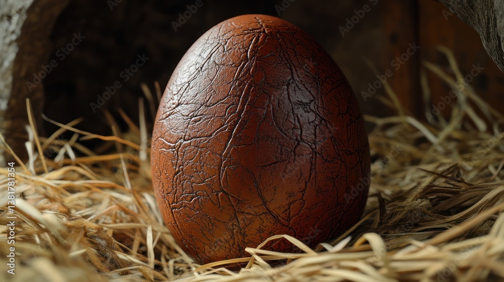 Textured Brown Egg Resting on Straw Nest a Rustic Display