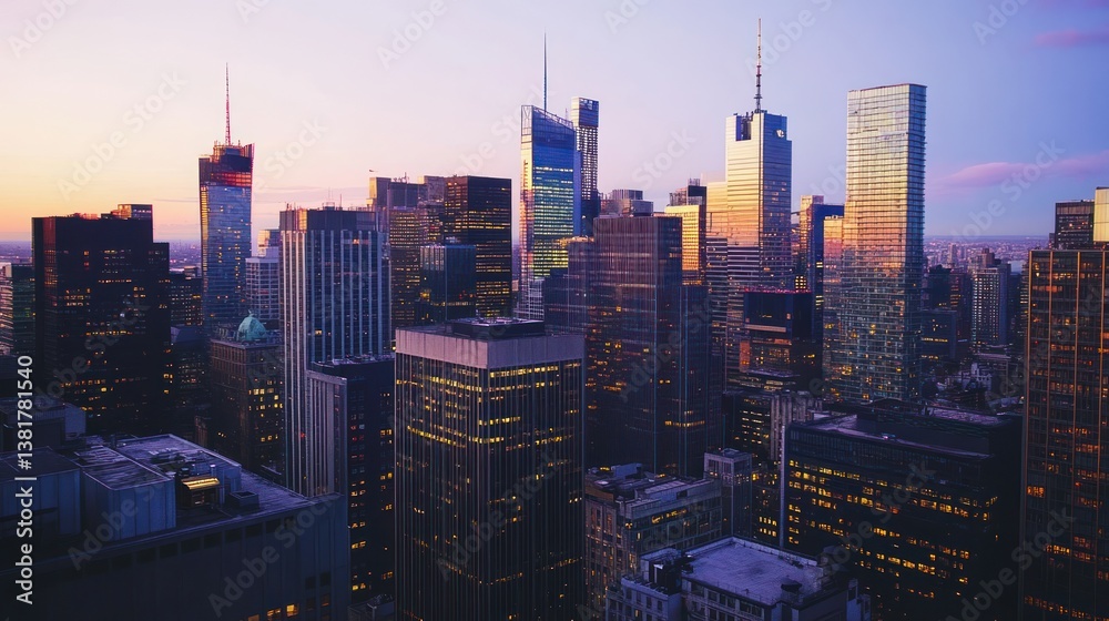 City Skyline at Dusk with Warm Sunset Light Reflecting Off Buildings