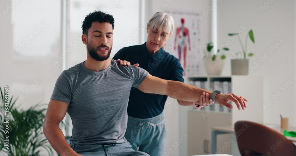 Man, stretching and woman for physiotherapy in clinic of shoulder pain, muscle training and rehabilitation. Patient, therapist and warm up for anatomy fitness, check injury and assessment of recovery