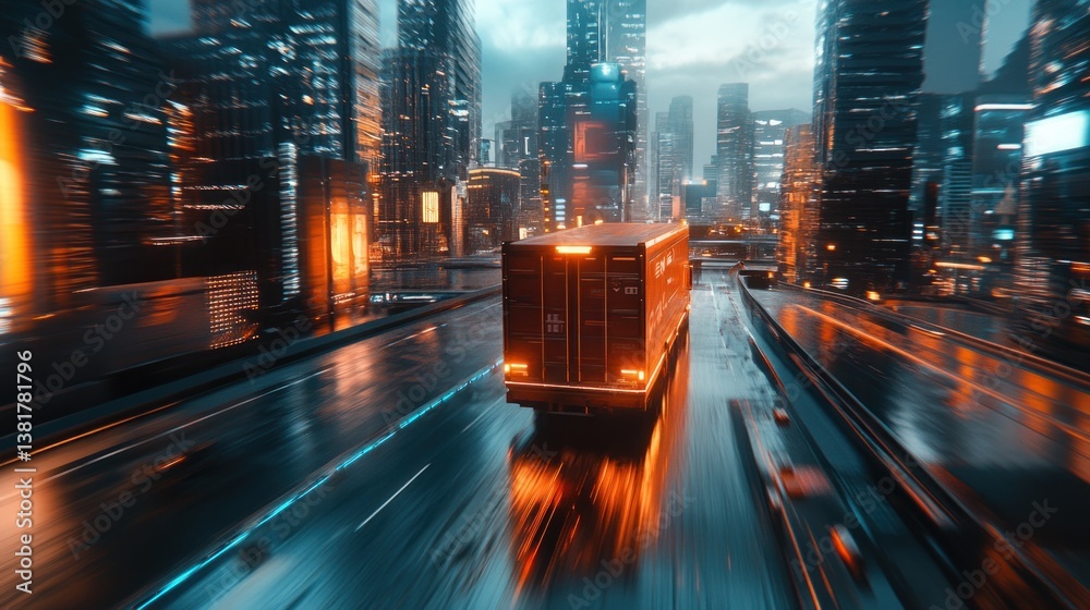 Truck Transporting Goods Through Modern Cityscape at Night with Motion Blur